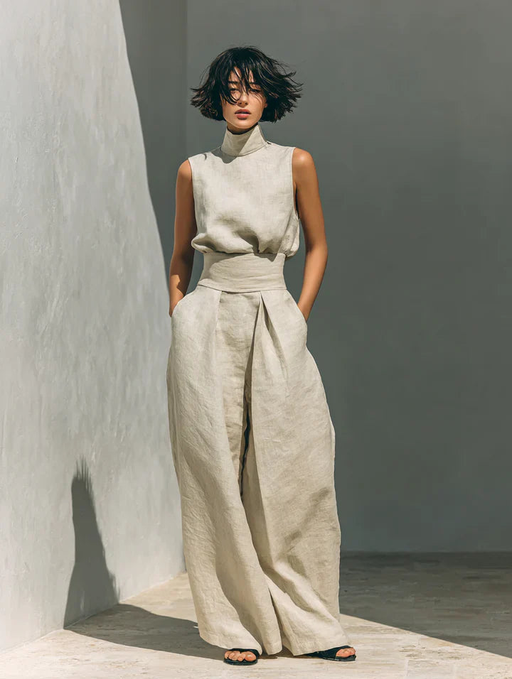 Flor™ | Women's Minimalist Sleeveless Blouse and Wide-Leg Trousers Set in Cotton and Linen