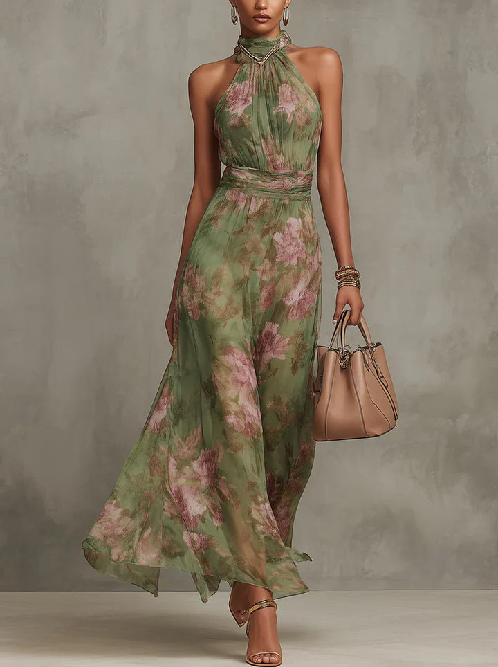 Noelia | Elegante vestido largo con cuello halter y estampado floral
