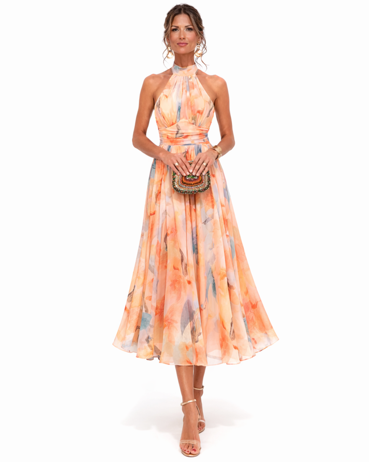 Aurora | Watercolor Print Halter Neck Dress