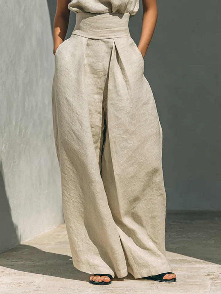 Flor™ | Women's Minimalist Sleeveless Blouse and Wide-Leg Trousers Set in Cotton and Linen