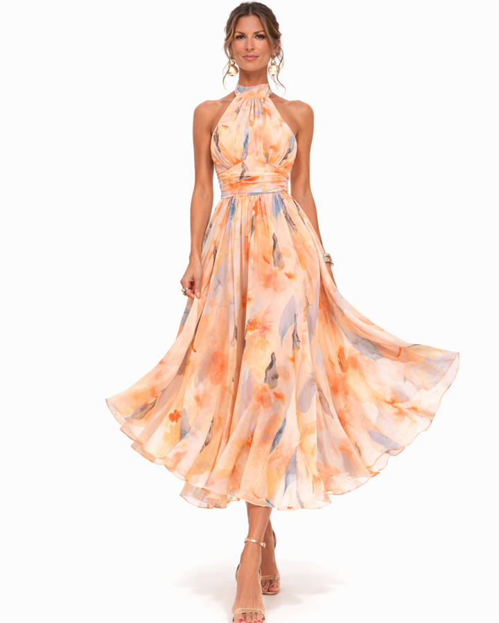 Aurora | Watercolor Print Halter Neck Dress