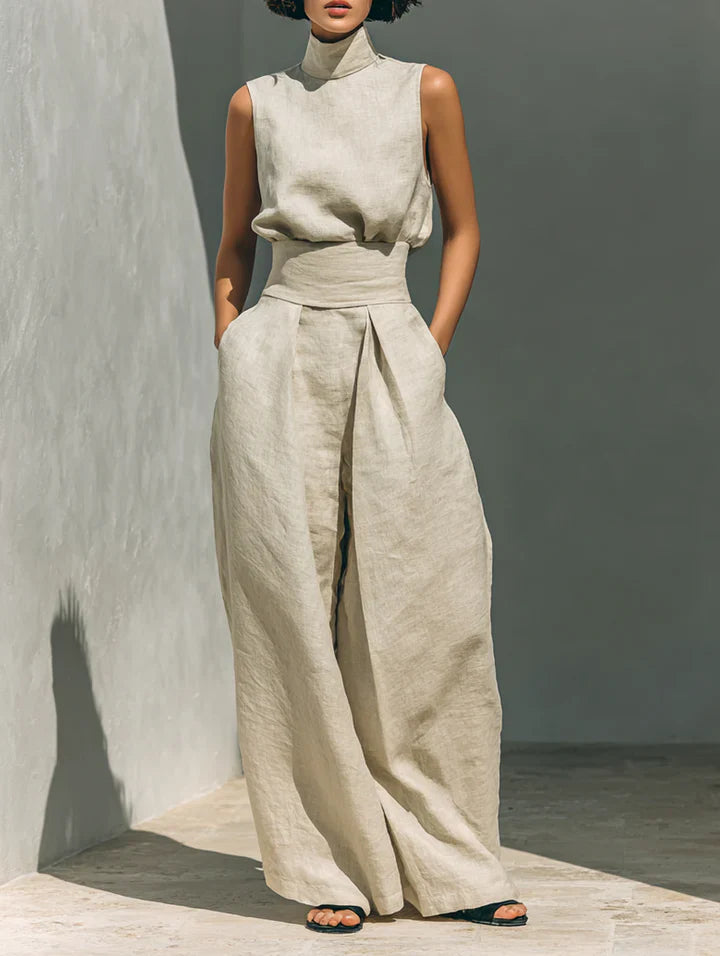 Flor™ | Women's Minimalist Sleeveless Blouse and Wide-Leg Trousers Set in Cotton and Linen