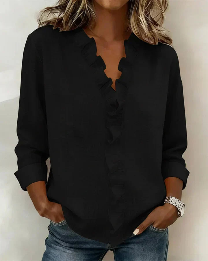 Indie Ruffled Blouse with V-Neck and Long Sleeves
