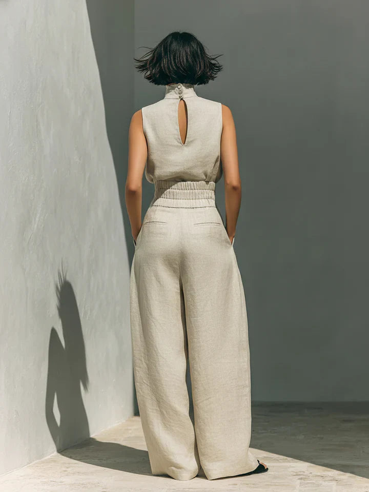 Flor™ | Women's Minimalist Sleeveless Blouse and Wide-Leg Trousers Set in Cotton and Linen