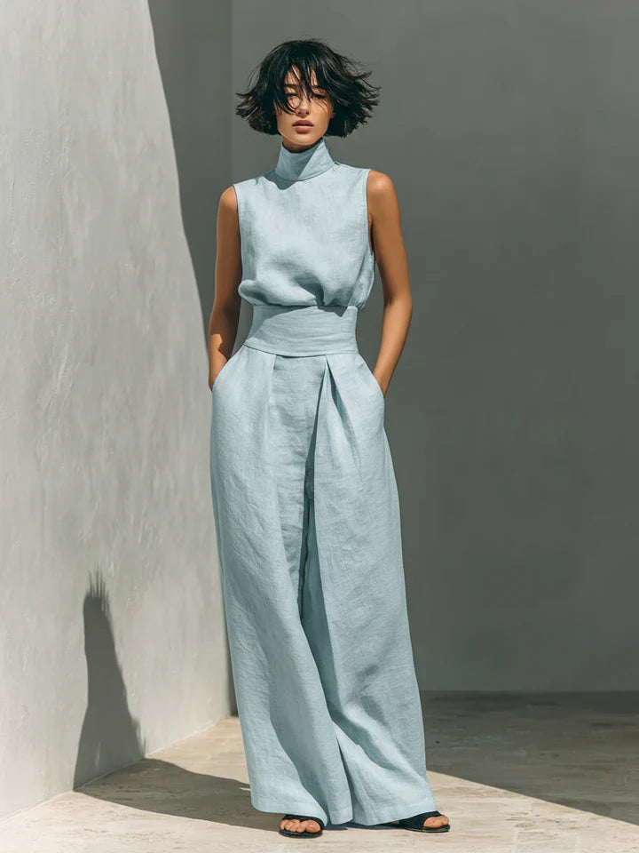 Flor™ | Women's Minimalist Sleeveless Blouse and Wide-Leg Trousers Set in Cotton and Linen