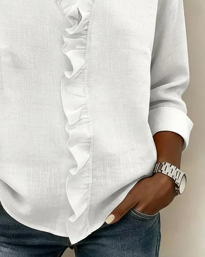 Indie Ruffled Blouse with V-Neck and Long Sleeves
