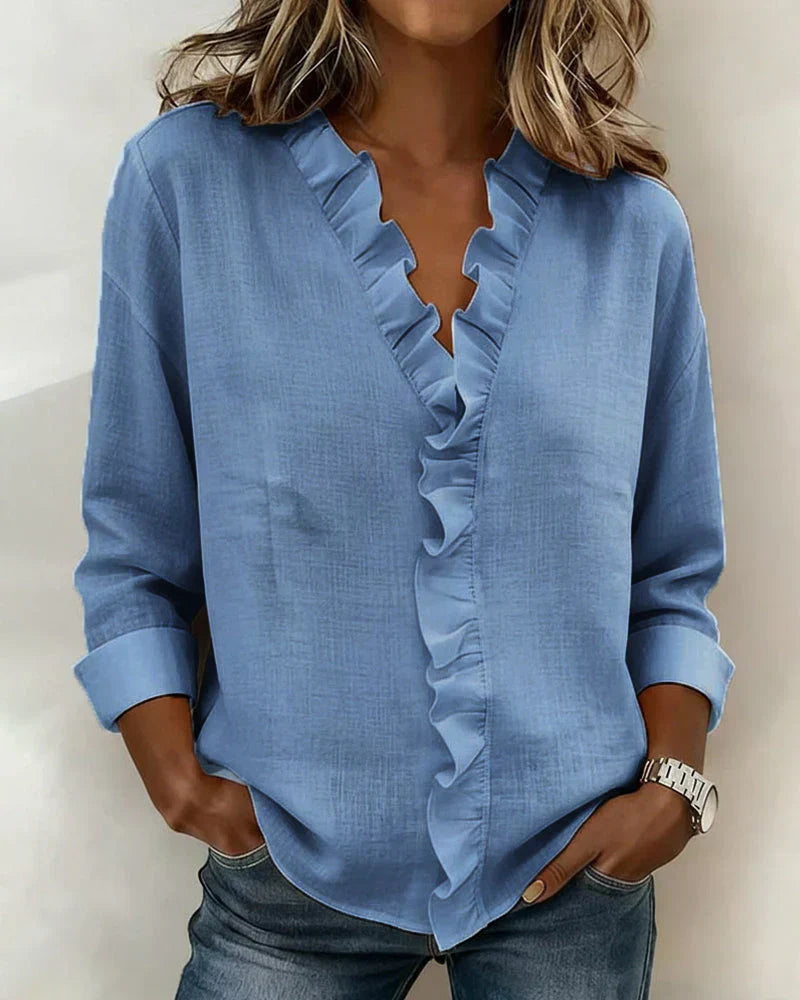Indie Ruffled Blouse with V-Neck and Long Sleeves