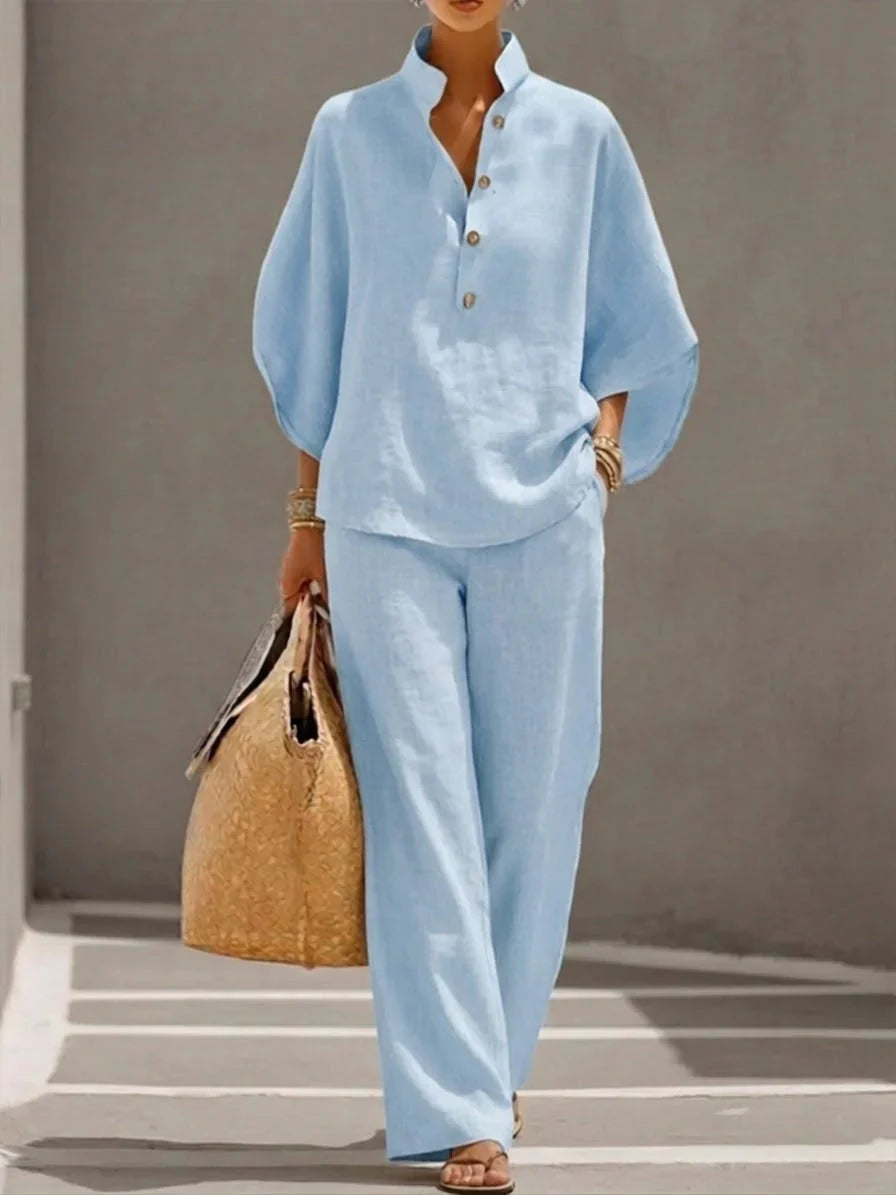 Maribel™ | Linen Ensemble with Batwing Sleeves and Wide-Leg Trousers