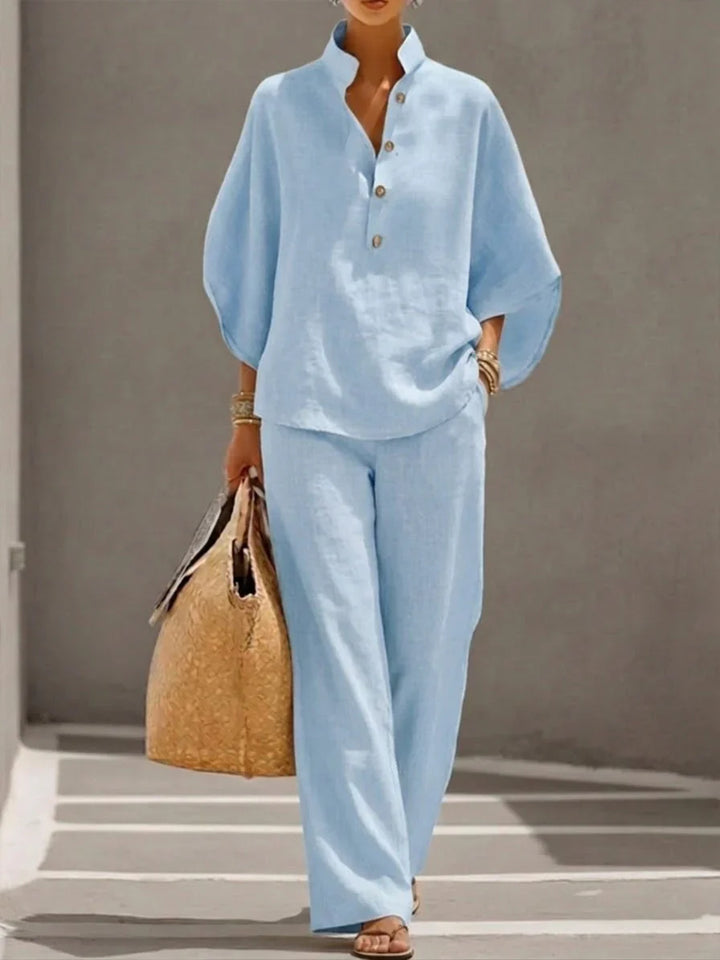 Maribel™ | Linen Ensemble with Batwing Sleeves and Wide-Leg Trousers
